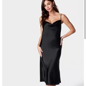 Bebe Black Satin Slip Dress Women’s XS | Cowl Neck Spaghetti Strap Midi Y2K